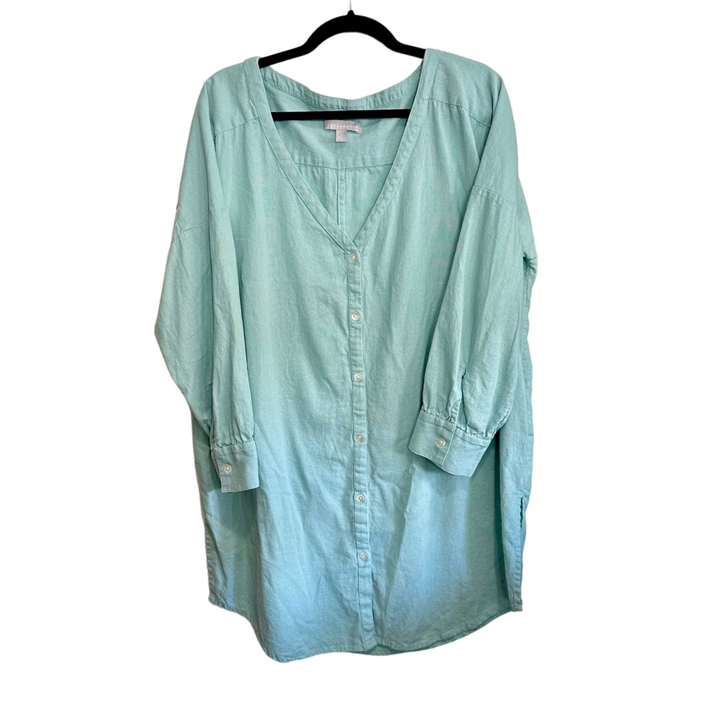 Chelsea28 Linen Blend Cardigan Size M Teal Button Down Lagenlook Oversized Light